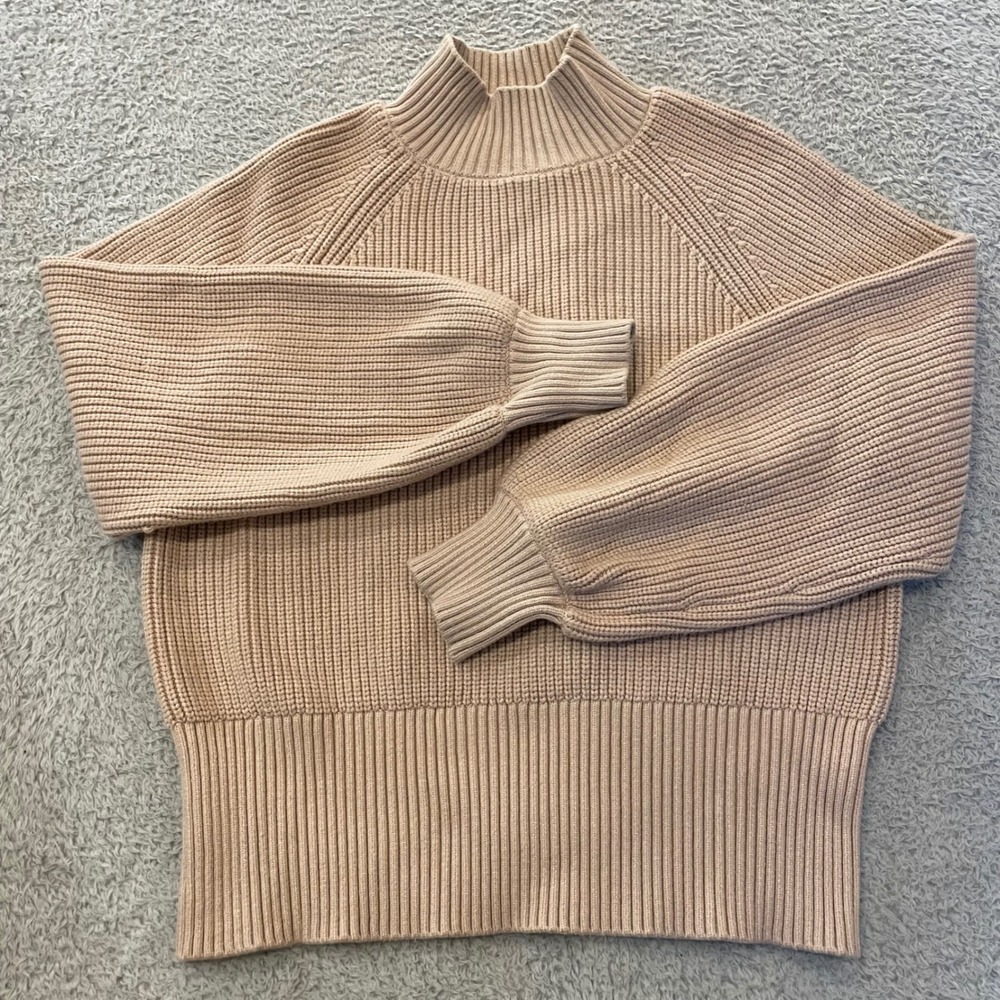 Varley Martina High Neck Rib Knit Sweater Womens Medium Beige Balloon Sleeve